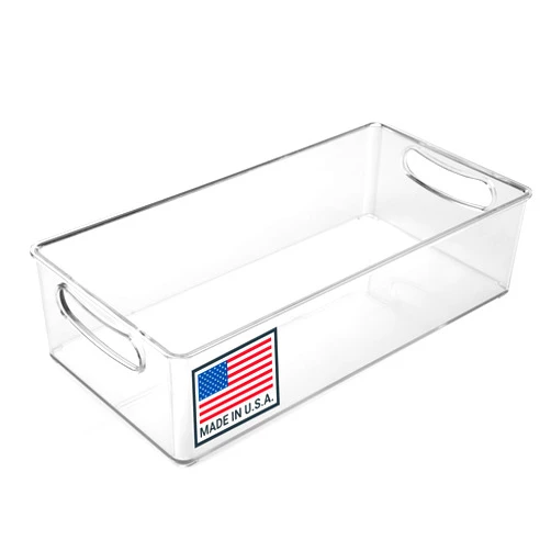 Pikanty Clear Refrigerator Organizer Bin with Handles — 11 Inch Compact Stackable Fridge and Pantry Storage Container for Snacks, Yogurt, Condiments, Dishwasher Safe, Made in USA