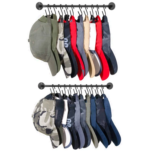 Mkono Hat Rack for Wall Baseball Cap Organizer Hanger with 20 Hooks Modern Metal Hat Holder Wall-Mounted Caps Display for Closet Door Bedroom Entryroom Laundry, Set of 2, Black