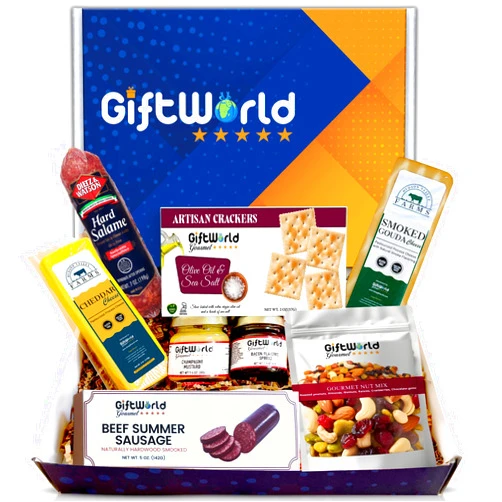 GiftWorld Beef Summer Sausage Charcuterie Cheese Gift Basket, Meat and Cheese Gift Baskets for Men, Food Gift Basket for Men, Women, Food Gifts for Men, Food Basket For Business Gifts, Congratulations, Sympathy, Food Care Packages, Retirement, Thinking of You