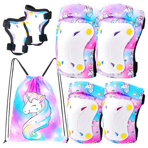 FIODAY Knee Pads for Kids Unicorn Knee Elbow Pads Wrist Guards with Drawstring Bag Adjustable Protective Gear Set for Girls Boys Inline Skating Bike Cycling Skateboard Scooter, 3-8 Years, Colorful