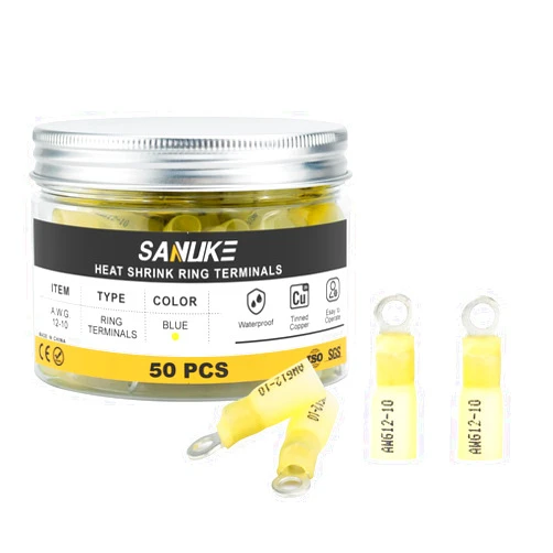 Sanuke 50pcs 12-10 AWG Yellow #8 Heat Shrink Ring Terminals - Waterproof and Insulated Tinned Copper Wire Connectors - Marine Grade Terminal Connectors