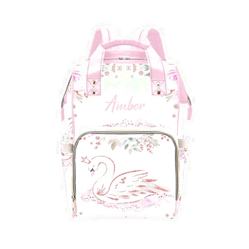 XOZOTY Color Pink Swan Diaper Bags Backpack with Name Personalized Baby Bag Travel Tote Bag Gifts for Mom Girl