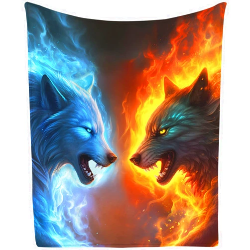KAFFUL Wolf Gifts Blanket, Fire and Ice Wolf Blanket, Cool Wolf Gifts, Wolf Gifts for Men Boy Wolf Lovers, Wolf Birthday Gifts, Wolf, Plush Novelty Wolf Stuff, Blue Red Fire,50