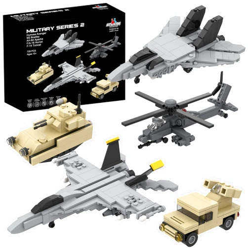 Apostrophe Games 5 Military Building Block Sets (728 Pieces) F/A-18 Hornet, F-14 Tomcat Fighter Jet, AH-64 Apache Helicopter, M2 Bradley Tank, and Humvee Avenger