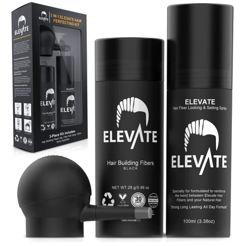 ELEVATE Hair Perfecting 3-in-1 Kit Set Includes Natural Hair Thickening Fibers & Spray Applicator Pump Nozzle & Locking Setting Hold Hair Spray | Instantly Conceal Balding Hair Thinning Areas (Black)