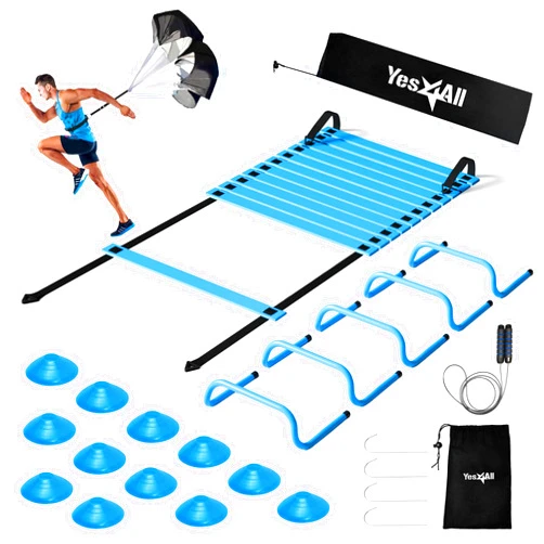 Yes4All Agility Ladder Speed Training Equipment Set - 1 Adjustable Agility Ladder, 12 Soccer Cones, 5 Hurdles, Jump Rope, Running Parachute - Speed & Agility Training Equipment for All Ages