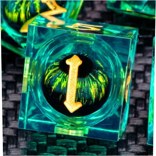 KERWELLSI Float Liquid Core Beholder Eye DND Dice Set D&D with Gift Box, 7Pcs Green Resin Sharp Edge Dungeons and Dragons Resin Dice, Polyhedral Role Playing D and D RPG Dice D20 D12 D10 D8 D6 D4