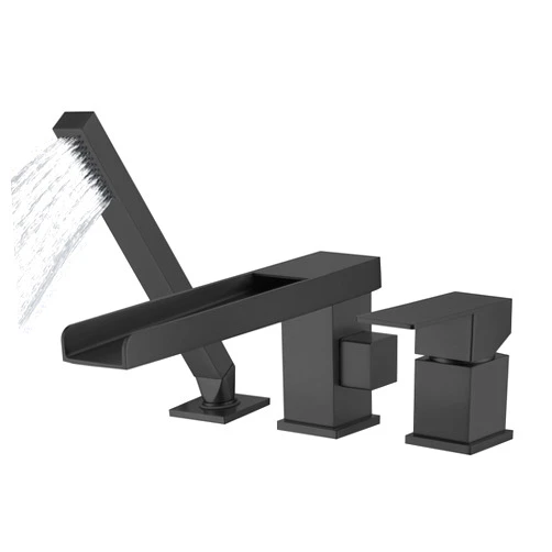 HAMOLER Waterfall Roman Tub Filler Deck Mount 3 Holes Widespread Bathroom Faucet with Waterfall Tub Spout Single Handle Bathtub Faucet Set Waterfall Roman Bath Tub Faucets, Matte Black
