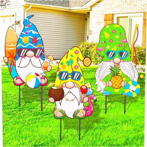 Yoirrat Metal Gnome Outdoor Decorations Yard Sign Hawaiian Summer Beach Garden Yard Sign with Stakes Gnome Yard Lawn Signs Decoration for Summer Holiday Outdoor Lawn Patio Summer Party Decoration Supplies