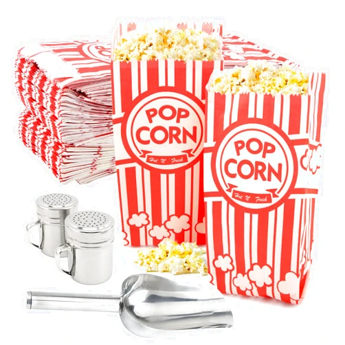 HKZTUY 203 PCS Popcorn Machine Supplies Set, 200 PCS Popcorn Paper Bags with Popcorn Scoop, 2PCS Season Salt Shaker, Popcorn Supplies for Popcorn Machine