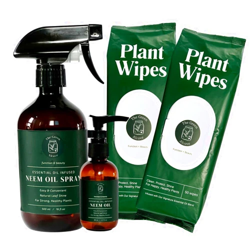 The Green Alcove Plant Shine & Defense Duo – Plant Wipes + Essential Oil Infused Neem Oil Spray