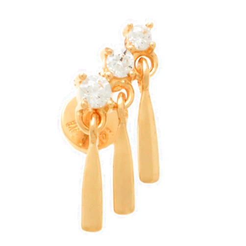 ANYGOLDS 14K Real Solid Gold Chain Dangle Bar & Triple Fringe Stud Earring - Dainty Cartilage, Tragus, Conch & Helix Piercing Jewelry - 18-gauge Push Pin, Internal & External Thread - Sold as a Single