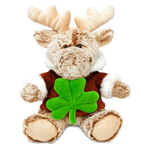 DolliBu Super Soft Sitting Moose with Brown Hooded Sweater Stuffed Animal with Green Plush Shamrock, Fun St Patricks Day Stuffed Animal Moose, Good Luck St Patricks Day Toys for Kids, Baby - 8 Inches
