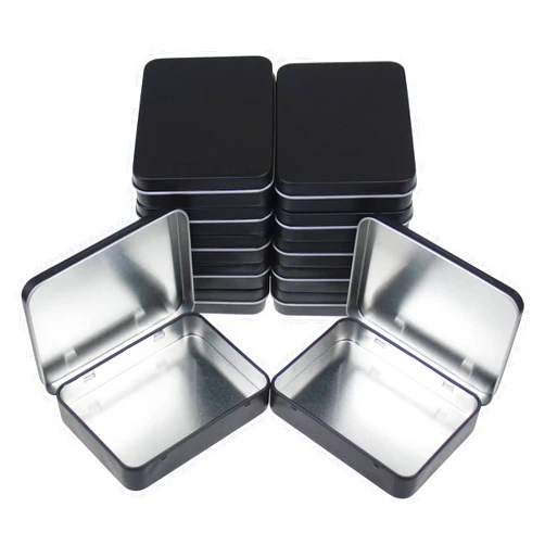 Thintinick 12 Pieces Rectangular Metal Empty Hinged Tins Containers Basic Necessities Home Storage Organizer Mini Box Set, 4.5 x 3.3 x 0.87 inches (Black)