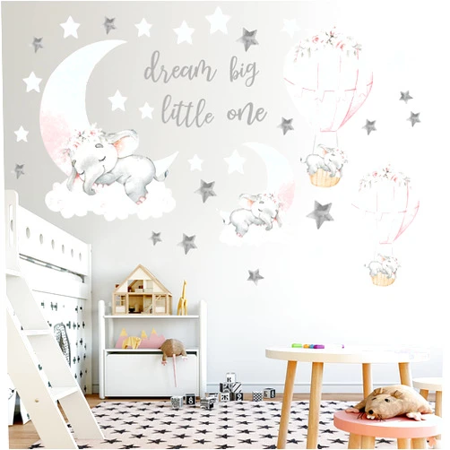 WEWINLE Dream Big Little One Elephant Wall Stickers, Pink Moon Hot Air Balloon Grey Stars Wall Decals for Nursery Kids Room Living Room Bedroom Decorations Home Decor