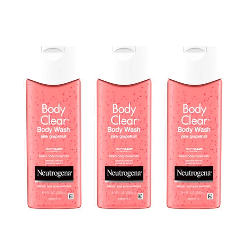 Neutrogena Body Clear Acne Treatment Body Wash with Salicylic Acid Acne Medicine, Pink Grapefruit Body Acne Cleanser to Prevent Breakouts on Back, Chest & Shoulders, 8.5 fl. oz, 3 Pack