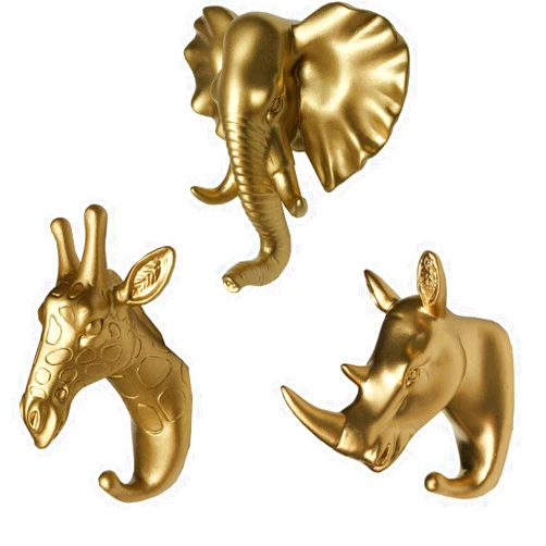 BiuBiu Home Set of 3 Elephant Head Giraffe Head and Rhino Head Wall Hooks / Hangers Animal Shaped Coat Hat Hooks (Gold)