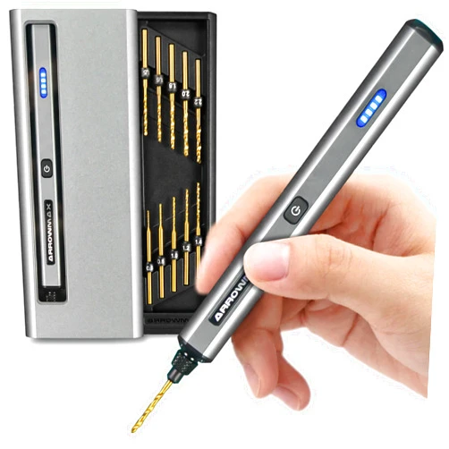 AM ARROWMAX Electric Mini Drill Pen, 10 Small Drill Bits with Aluminium case, Rechargeable Electric Hand Drill Pin Vise, Resin Drill Set For Jewelry Making, Resin, Plastic, Wood, DIY (SDS MINI)