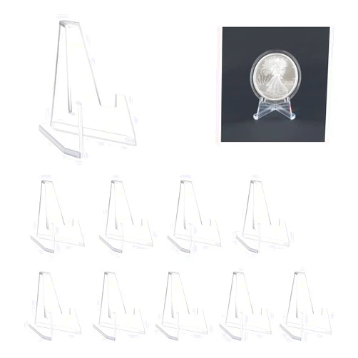 JanFeel Acrylic Coins Display Stands,10 Packs Mini Clear Easel Stand Holders 2.28 Inch Tall Support to Hold Small Artworks/Pocket Watch/Casino Chips/Challenge Medals