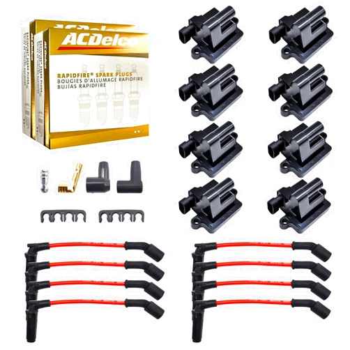 MAS Set of 8 Square Ignition Coil Pack UF271 & OEM ACDelco 6 Platinum Spark Plugs & 8.5mm Wires Compatible with Chevy Silverado Suburban Tahoe H2 GMC Yukon Sierra Envoy Replacement for 52-1618 5C1083