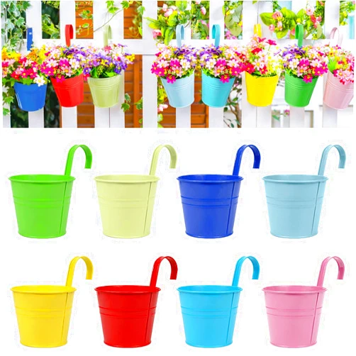 RIOGOO Flower Pots Hanging Flower Pots, Garden Pots Balcony Planters Metal Bucket Flower Holders - Detachable Hook (8 PCS) (Medium)