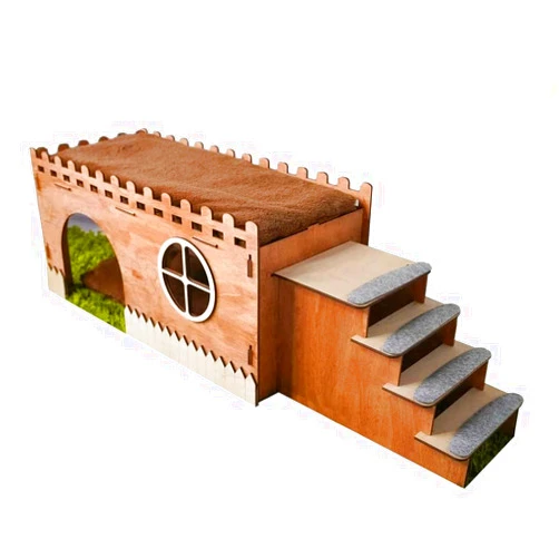 Kyivworkshop Wooden rabbit house, bunny сastle with pillow, Add your pet's name for free (add fleece)