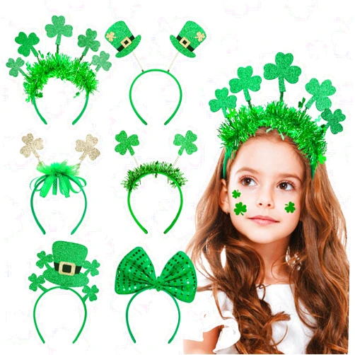 Whaline St. Patrick's Day Headbands Green Shamrock Hat Bow Clover Headwear Irish Holiday Accessories Party Favors Supplies Decoration Accessories Costume Kids Cosplay Party 6 Pack