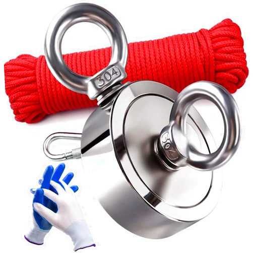 DIYMAG Strong Double Side Neodymium Fishing Magnets,1300 lbs(590KG) Pulling Force Rare Earth Magnet with 20m (65 Foot) Durable Rope and Protective Gloves,for Retrieving in River and Fishing