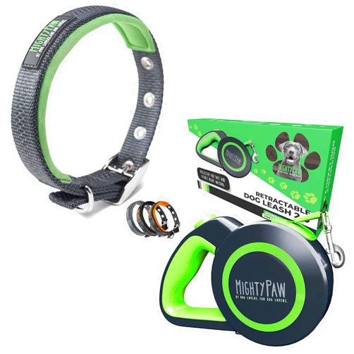 Mighty Paw Retractable Dog Leash 2.0 w/Sport Collar | 16’ Heavy Duty Reflective Nylon Tape Lead for Pets Up to 110 LBS
