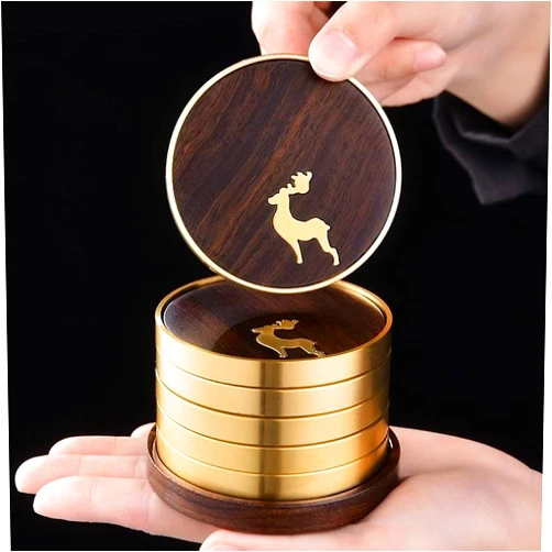 Slowtee Ebony Wood Round Chinese Kungfu Tea Cup Mat with Inlaid Little Fawn, Copper Frame Heat Insulation Pad Anti-hot Accessories Cushion for Tea Pot/Coffee Mug/Desk, Set of 6