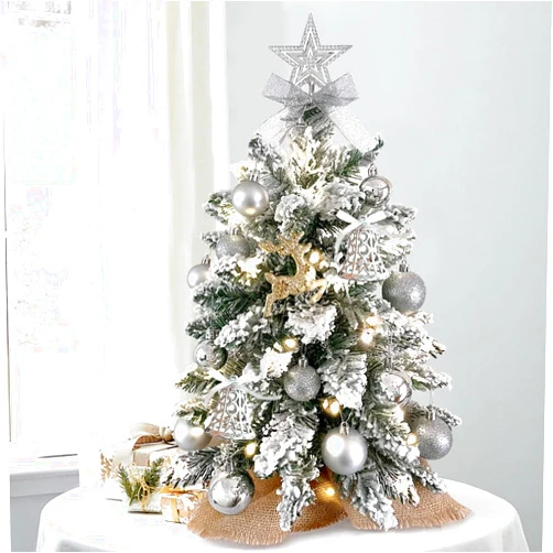 TFNYCT 22in Mini Christmas Tree with Light Artificial Small Tabletop Christmas Decoration with Flocked Snow, Exquisite Decor & Xmas Ornaments for Table Top for Home & Office Desk (Silver)
