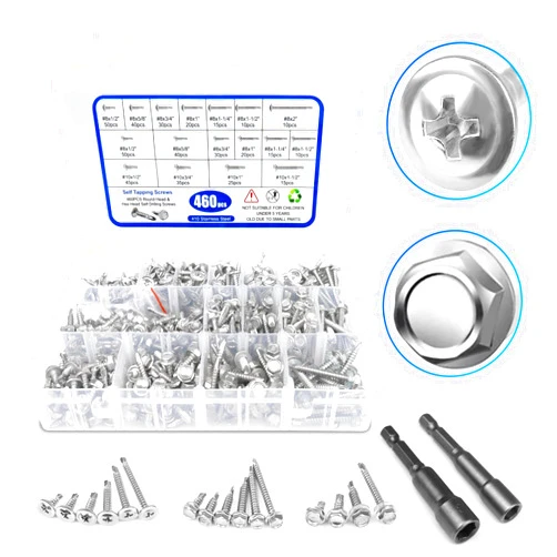 NANAKLAUS 460PCS Self Tapping Screws, 410 Stainless Steel Self Drilling Screws, #8#10 Phillips & Hex Washer Head Self Tapping Screws for Metal Wood Plastic, Length 1/2