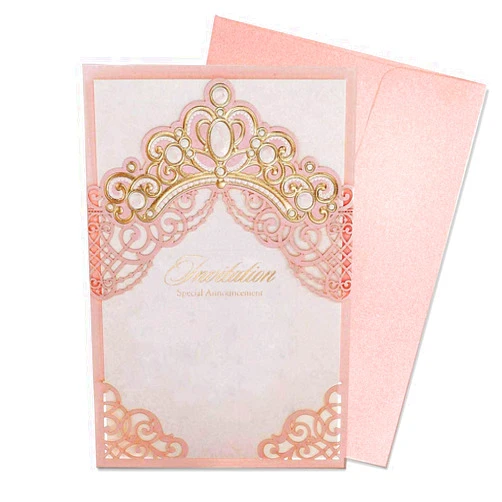Jofanza 5.4x7.3 Inch 50PCS Pink Laser Cut Wedding Invitations Cards with Embossed Crown Design for Quinceanera Wedding Bridal Shower, Princess Dream