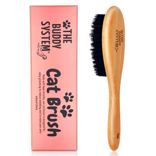 The Buddy System Cat Brush with Boar Bristle and Wooden Handle, Professional Grade Daily Grooming Hairbrush, Reduce Shedding, Soft Hair and Healthy Shine (1 Pack)