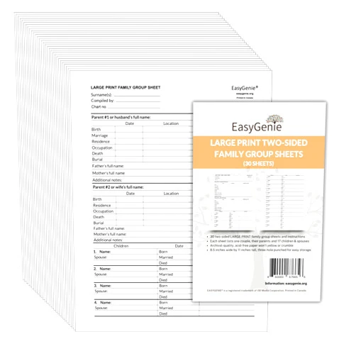 EASYGENIE LARGE PRINT Two-Sided Family Group Sheets (30 Sheets) by EasyGenie | Archival-Quality Blank Genealogy Forms To Fill In