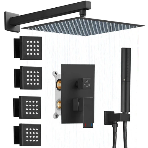 BESy 12 Inch Rain Shower Head System 4 Full Body Jets Set, Wall Mounted High Pressure Rainfall Shower Faucet Fixtures Combo with 2 in 1 Handheld Sprayer Hand Showerhead for Bathroom, Matte Black
