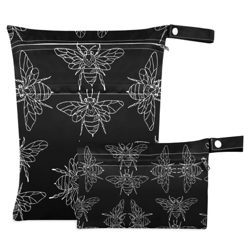 visesunny Black Bee Doodle 2Pcs Wet Bag with Zippered Pockets Washable Reusable Roomy for Travel,Beach,Pool,Daycare,Stroller,Diapers,Dirty Gym Clothes, Wet Swimsuits, Toiletries