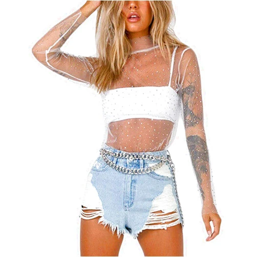 Awoscut Women Sheer Mesh Glitter Sequin T Shirt/Bodysuit See Through Long Sleeve Turtleneck Sparkle Tee Blouse Tops Clubwear