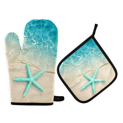 QUGRL Ocean Beach Starfish Oven Mitts and Pot Holders Sets Sea Water Wave Hot Pads Heat Resistant Cooking Gloves Handling Kitchen Cookware Bakeware BBQ