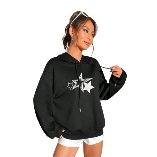 WDIRARA Women's Star Print Drawstring Long Sleeve Hoodie Casual Sweatshirt Pullovers