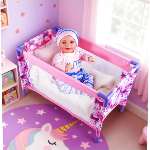 BABESIDE Baby Doll Crib Set for 18 Inch Dolls, Foldable Baby Doll Bed Playpen Toy Crib with Storage Bag for Reborn Baby Doll Accessories, Purple Babydoll Crib