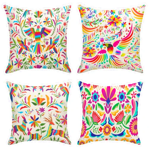 Sanwarm Throw Pillow Covers Home Decor Set of 4 Pillow Cases Decorative 18 x 18 Inches Cushion Couch Sofa Pillowcases Mexican Colorful Ethnic Birds Flowers