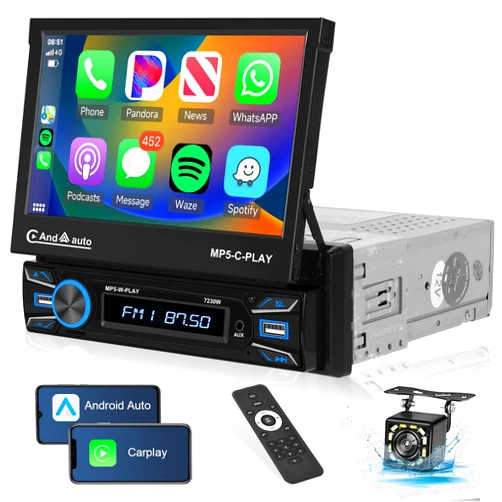 Podofo [Upgrade] Wireless Apple Carplay Single Din Radio, 7 Inch Touch Screen Car Stereo Motorized Flip Out Car Audio Receiver with Android Auto Mirror Link Bluetooth FM SWC Backup Camera AUX/USB/TF