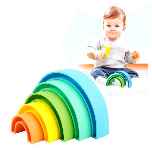 MCGMITT Rainbow Stacking Toy, Silicone Rainbow Stacker for Toddlers, Montessori Nesting Puzzle Blocks, Building Creative Color Shape Matching Toy Set, Early Development Gift for Kids Boy Girl (Blue)