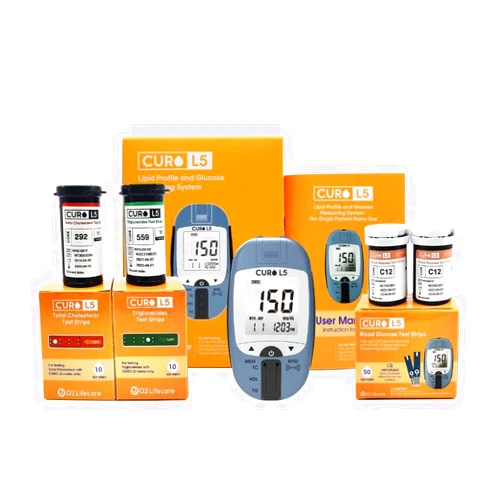 CUROFIT Home Blood Cholesterol Test Kit - CURO L5 Digital Meter - (10 Total Cholesterol Strips & 10 Triglycerides Test Strips and 50 Glucose Test Strips Included)