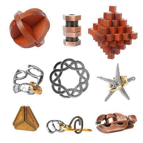 ActPo 9pcs Retro Wooden and Metal Puzzles Bulk Gift for Kids, Teens, and Adults Unlock Interlock Brain Teasers Toys Game.