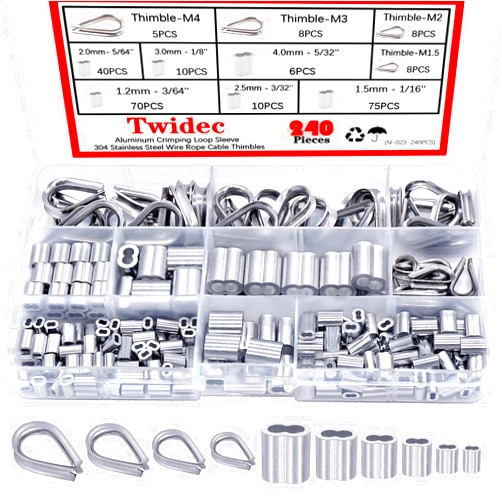 Twidec/240PCS 304 Stainless Steel Wire Rope Cable Thimbles and Aluminum Crimping Loop Sleeve 3/64''-5/32