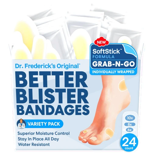 Dr. Frederick's Original SoftStick Better Blister Bandages - 24 ct - Extra Soft, Extra Stick - Grab-N-Go - Water Resistant Hydrocolloid Bandages for Blister Prevention - Variety Pack