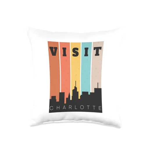 Travel Tourist Souvenirs Memorabilia and Designs Visit Charlotte The Queen City Skyline Vintage Retro Design Throw Pillow, 16x16, Multicolor