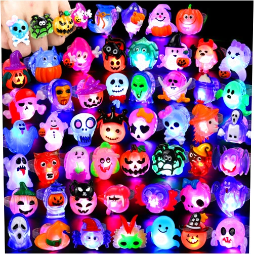 FLY2SKY Halloween Treats 50Pcs 3D Halloween Ring LED Light Up Rings Halloween Toys Halloween Party Favors for Kid Glow In The Dark Accessory Non Candy Gift Bag Fillers NEW VERSION
